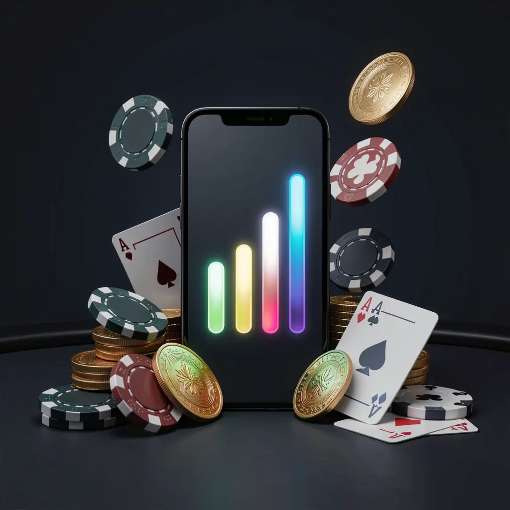 NKJL casino app installation on a smartphone with glowing progress bar, surrounded by coins, chips, and cards on a dark background, showcasing premium mobile gaming design