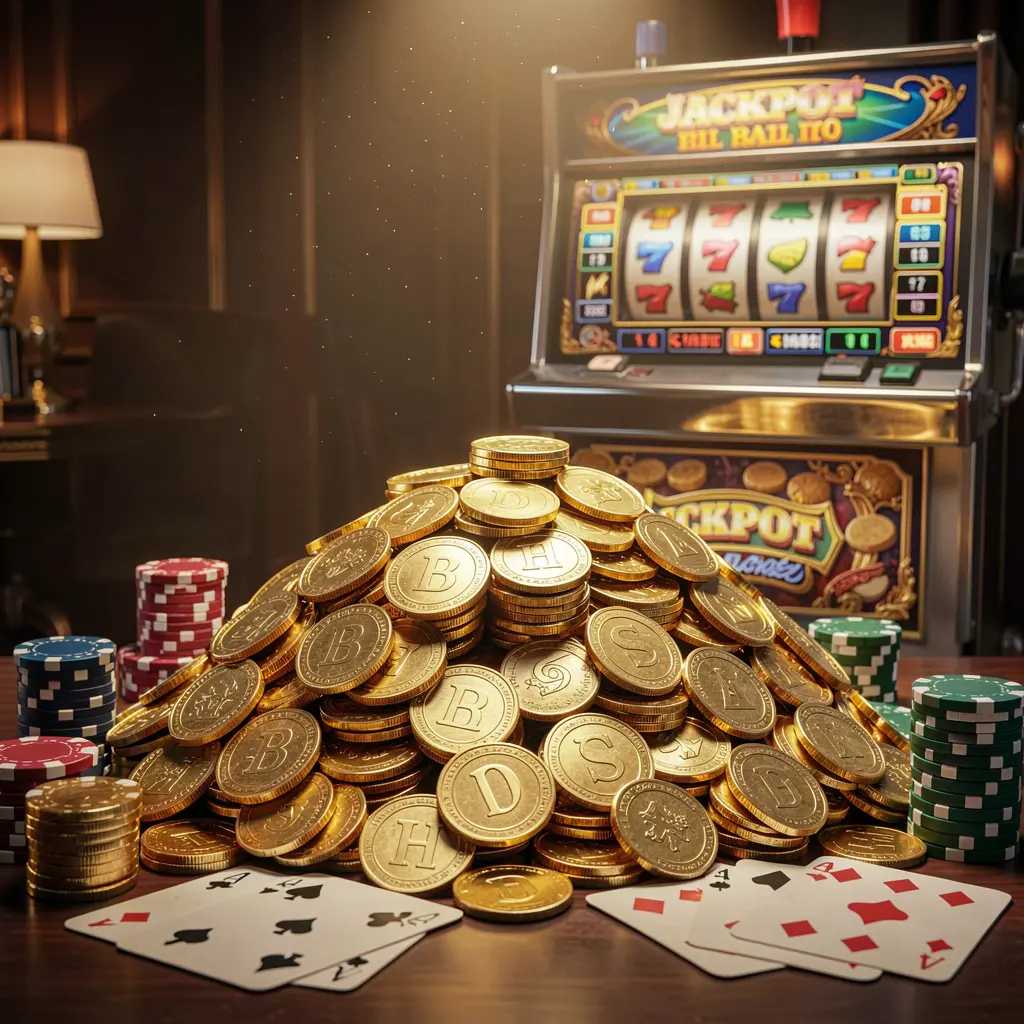 NKJL jackpot bonus scene featuring a huge pile of golden coins, a slot machine in the background, poker chips, and playing cards under cinematic luxury lighting