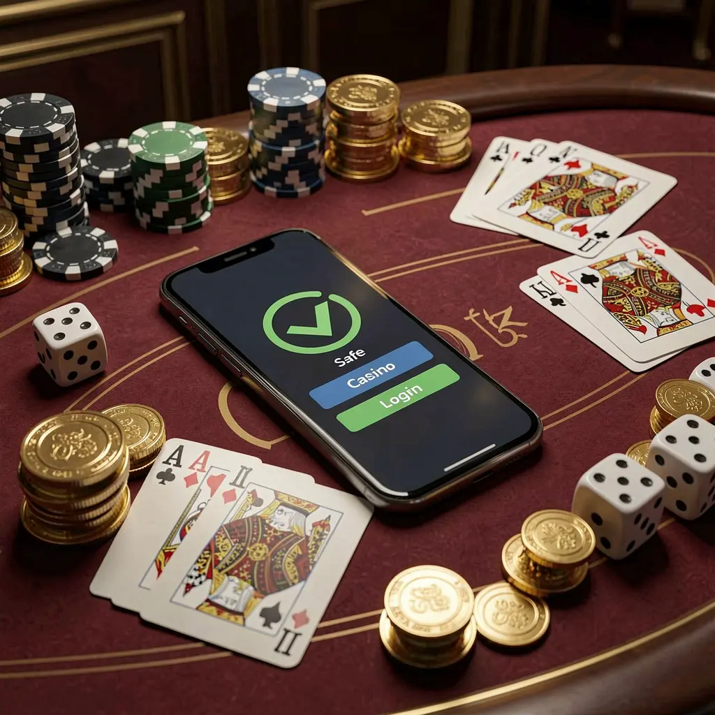 NKJL safe casino login concept showing a smartphone with a verification checkmark icon surrounded by chips, cards, dice, and golden coins on an elegant luxury casino table in a 3D realistic render