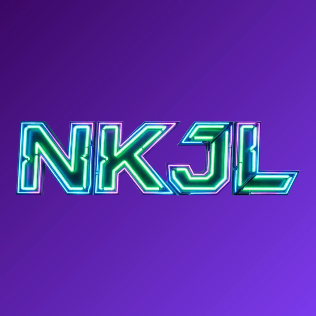 Futuristic neon logo of NKJL with thick angular typography glowing in vivid green, blue, and purple, featuring sharp tech-inspired details on a transparent background, designed as a wide horizontal rectangular wordmark for a website header