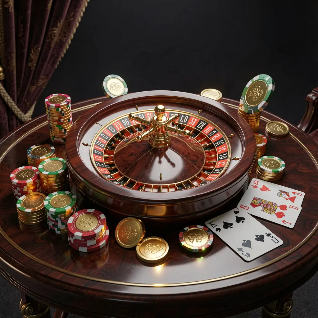 NKJL premium online casino banner featuring golden coins, glowing chips, a roulette wheel, and playing cards on a glossy table with an elegant dark background in a high detail realistic 3D render